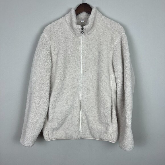 Uniqlo Fleece Sherpa Jacket Womens Medium Cream High Neck Full Zip Front Cozy M - Picture 1 of 13